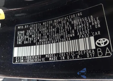 2016 Toyota Corolla L from USA, damaged, VIN 5YFBURHE8GP529634